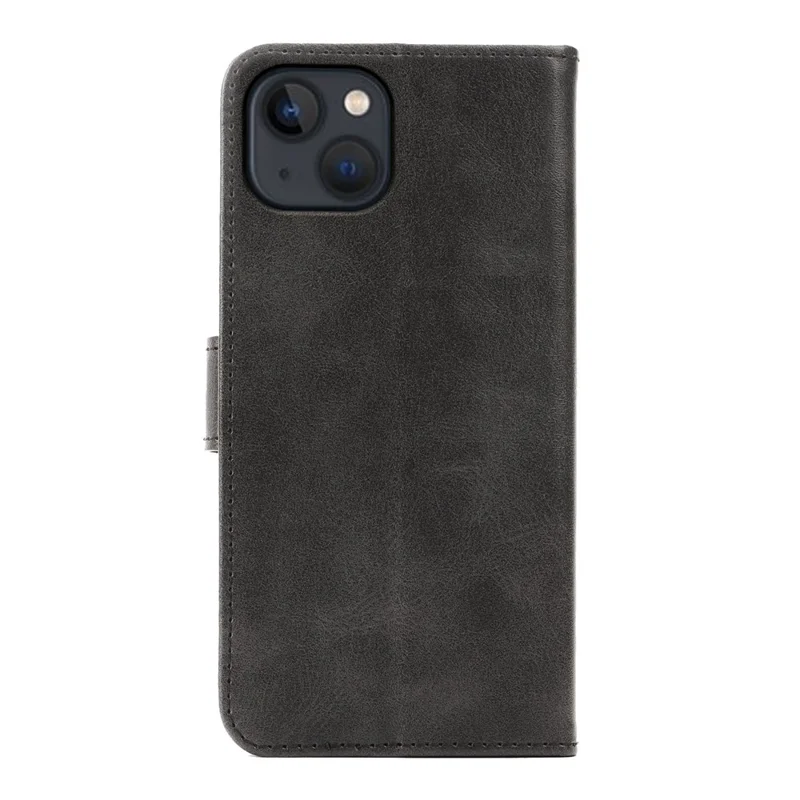 For iPhone 15 Case Wallet Stand Magnetic Clasp Closure Calf Texture Leather Phone Cover - Black