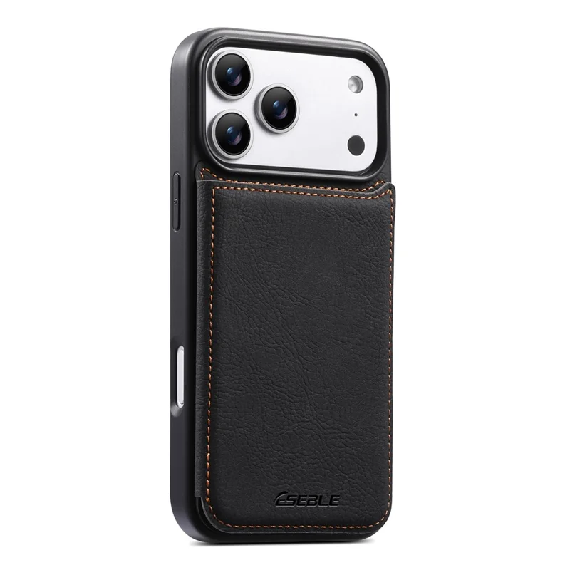 ESEBLE For iPhone 17 Pro Max Phone Case with Card Holder Vintage Textured PC + PU Leather Back Cover - Black