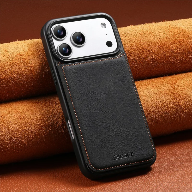 ESEBLE For iPhone 17 Pro Max Phone Case with Card Holder Vintage Textured PC + PU Leather Back Cover - Black