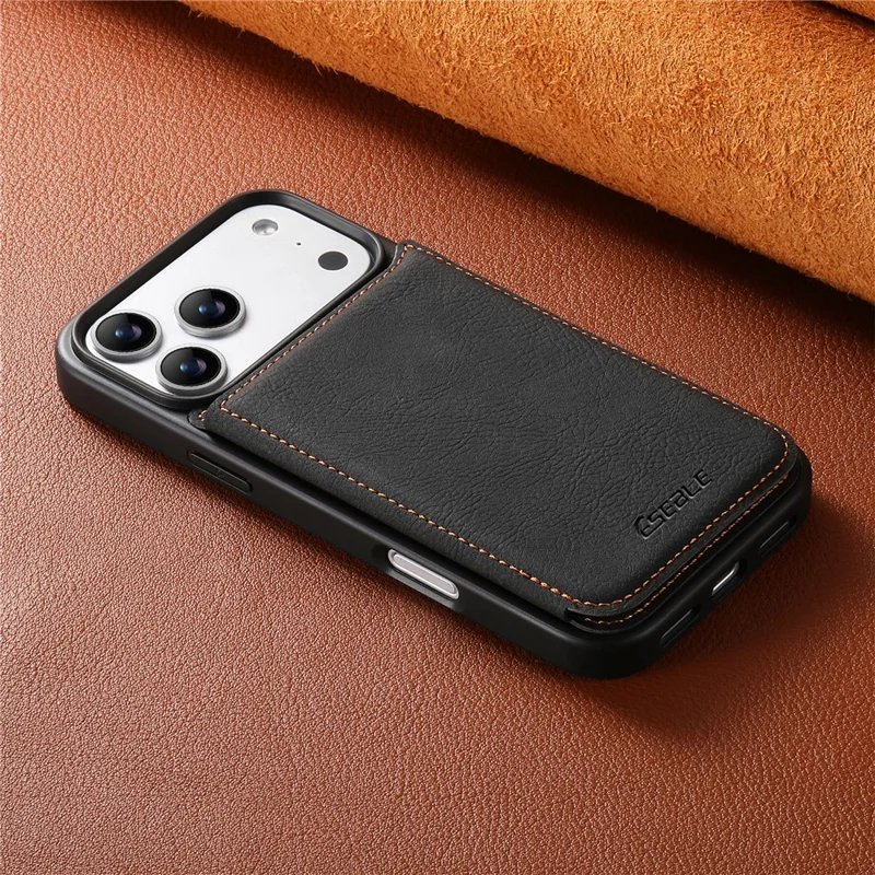 ESEBLE For iPhone 17 Pro Max Phone Case with Card Holder Vintage Textured PC + PU Leather Back Cover - Black