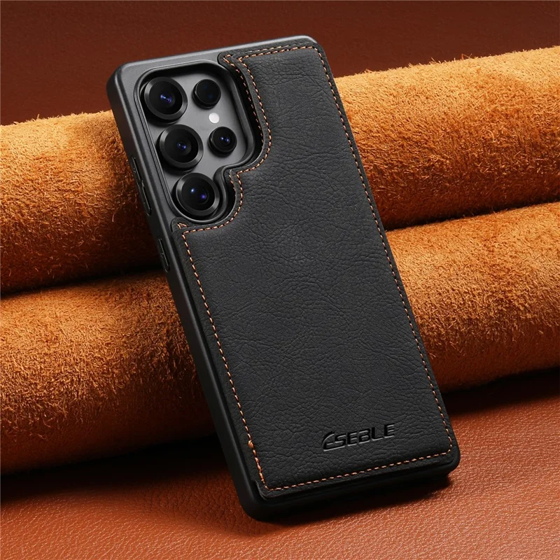 ESEBLE For Samsung Galaxy S25 Ultra Phone Case with Card Holder Vintage Textured PC + PU Leather Back Cover - Black