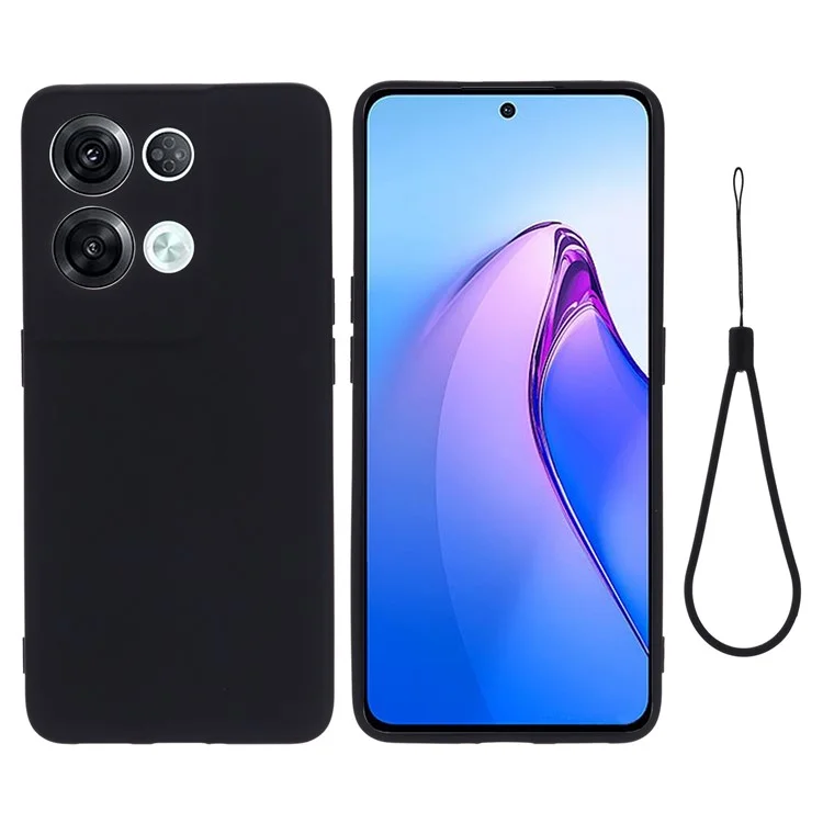 Anti-Fall-Handyhülle für Oppo Reno8 Pro 5G (Globale Version) Flüssigsilikon-Slim-Case, stoßfeste Hülle mit Trageriemen - Schwarz