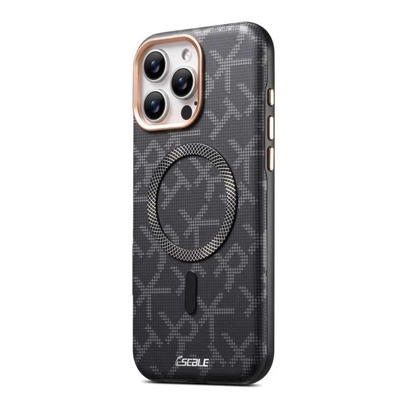 ESEBLE för iPhone 16 Pro Max magnetisk hårddisk TPU PU bokstavsmönster baklucka kompatibel med Magsafe - Svart