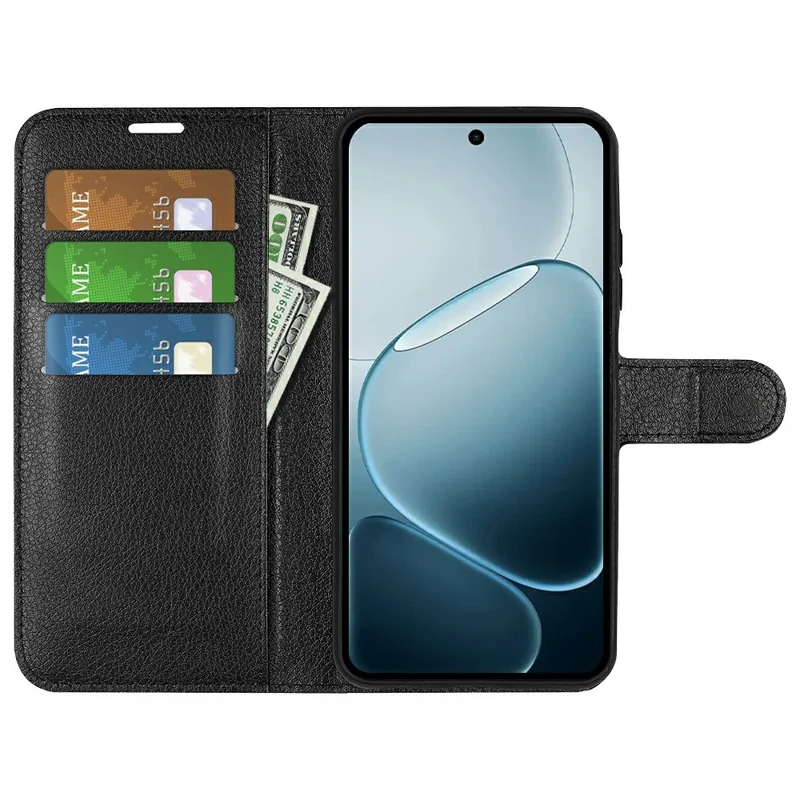 Custodia portafoglio con supporto per Oppo A6 Pro 5G / 4G, custodia in pelle antigraffio con texture effetto litchi, nera