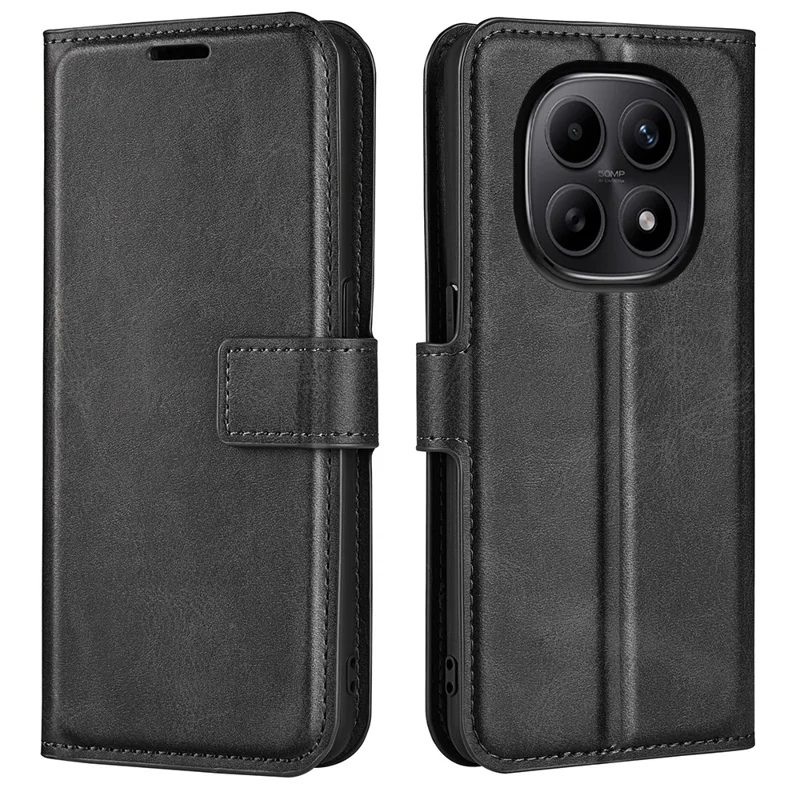 For Xiaomi Redmi Note 15 4G (Global) Wallet Case TPU + PU Stand Folio Flip Calf Textured Cover With Square Magnetic Clasp - Black