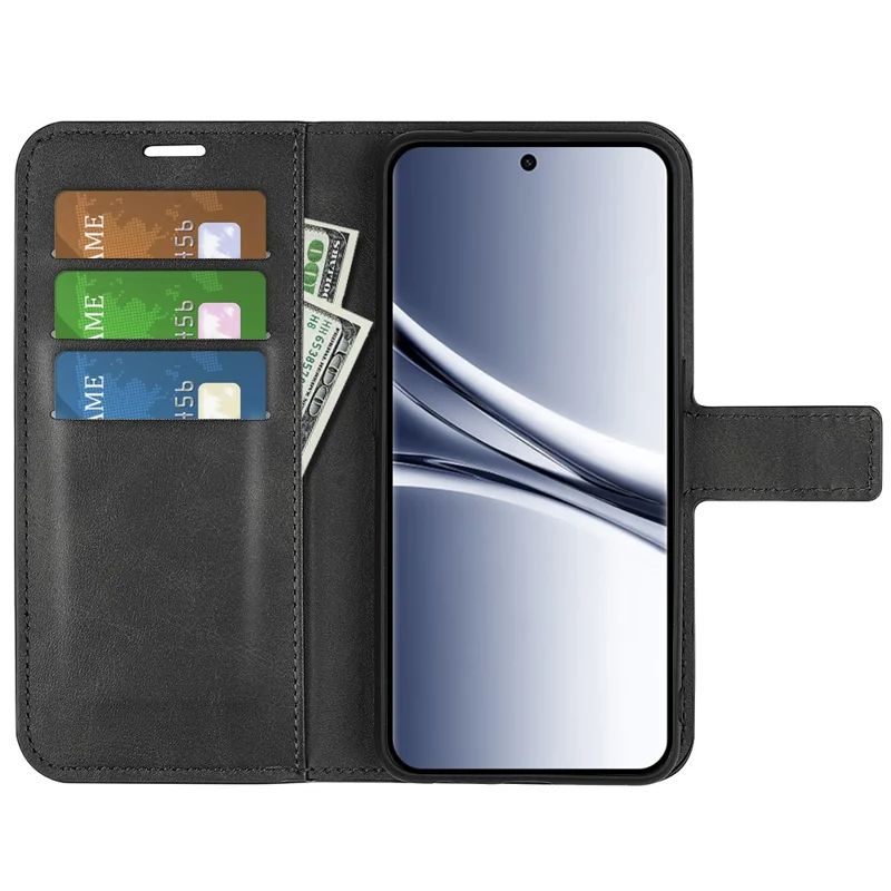 For Xiaomi Redmi Note 15 4G (Global) Wallet Case TPU + PU Stand Folio Flip Calf Textured Cover With Square Magnetic Clasp - Black