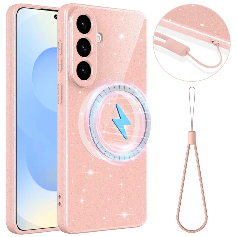 For Samsung Galaxy S26 Magnetic Case Glitter TPU Shockproof Phone Cover with Lanyard - Pink