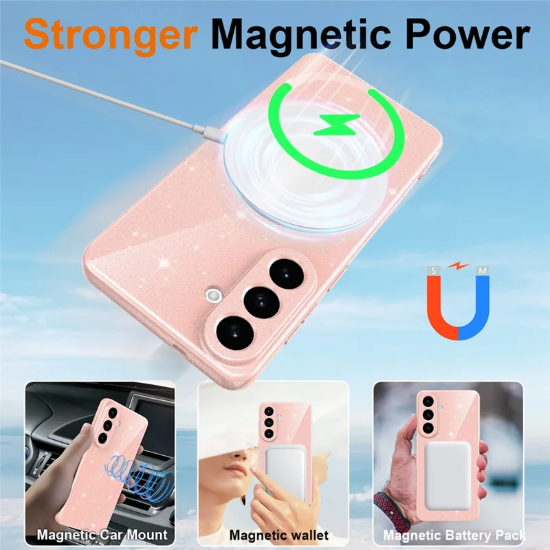 For Samsung Galaxy S26 Magnetic Case Glitter TPU Shockproof Phone Cover with Lanyard - Pink