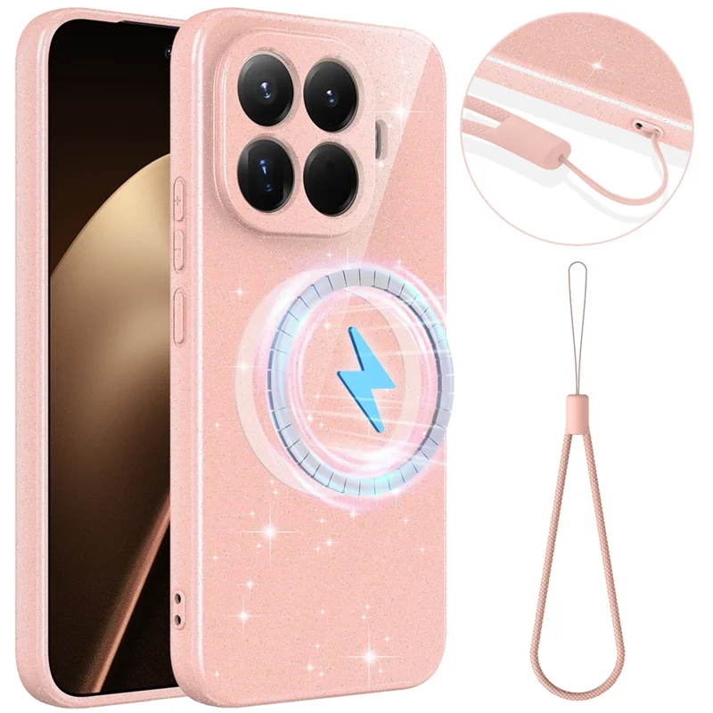 For Xiaomi 15T Pro Magnetic Case Glitter TPU Shockproof Phone Cover with Lanyard - Pink