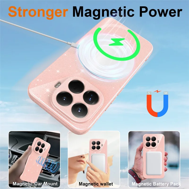 For Xiaomi 15T Pro Magnetic Case Glitter TPU Shockproof Phone Cover with Lanyard - Pink