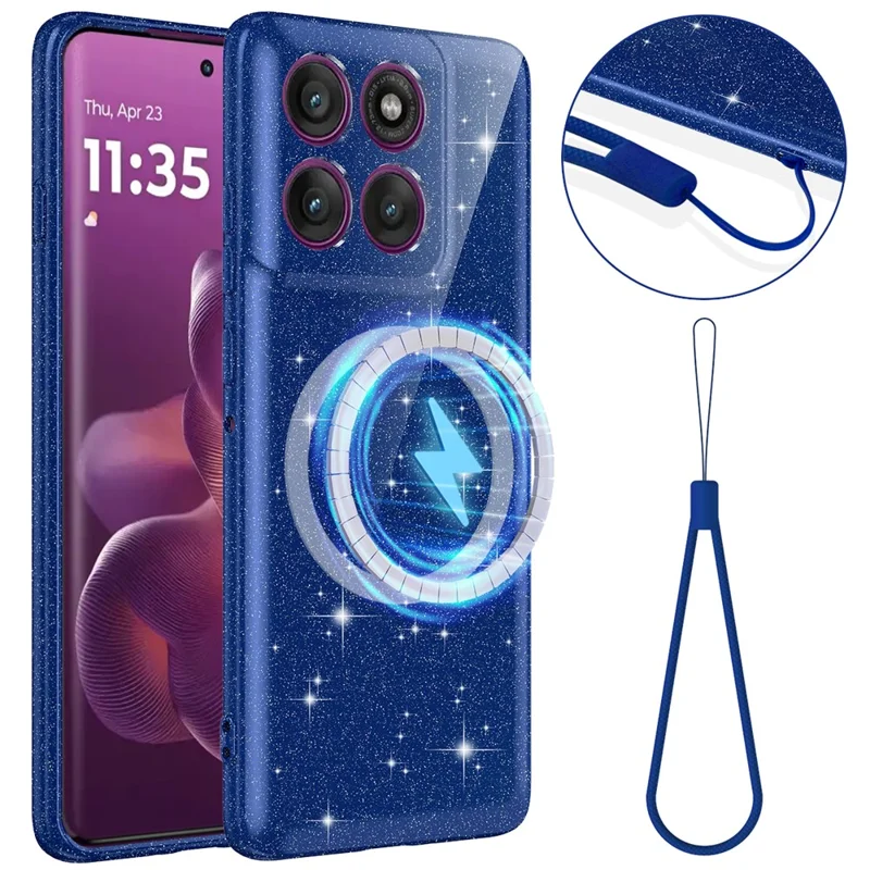Coque magnétique pour Motorola Edge 70 5G, coque de téléphone transparente TPU résistante aux chocs avec paillettes et dragonne - Bleu