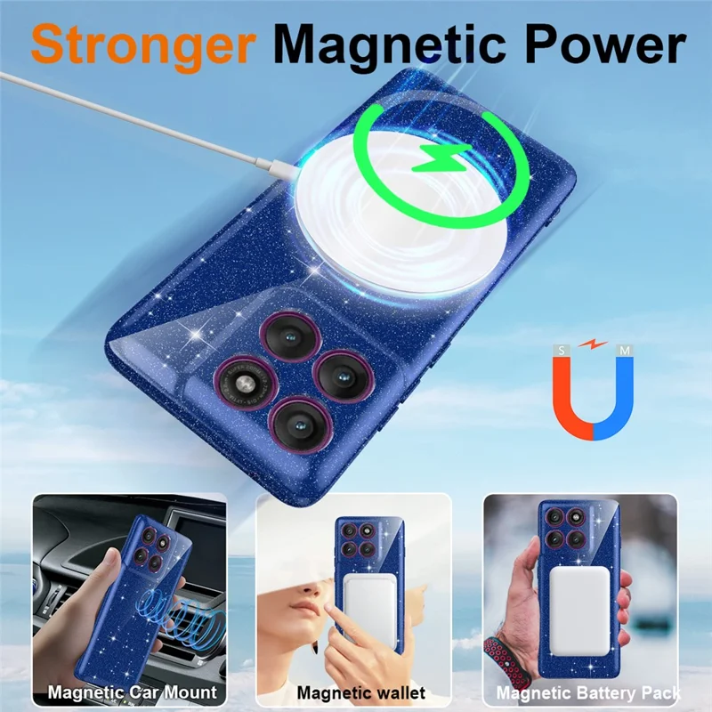 Coque magnétique pour Motorola Edge 70 5G, coque de téléphone transparente TPU résistante aux chocs avec paillettes et dragonne - Bleu