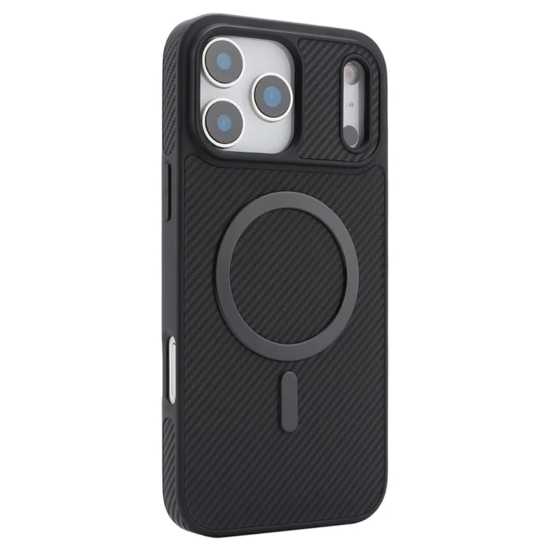 For iPhone 17 Pro Case Carbon Fiber Texture PU TPU Drop-proof Phone Back Cover with Non-Magnetic Metal Ring - Black