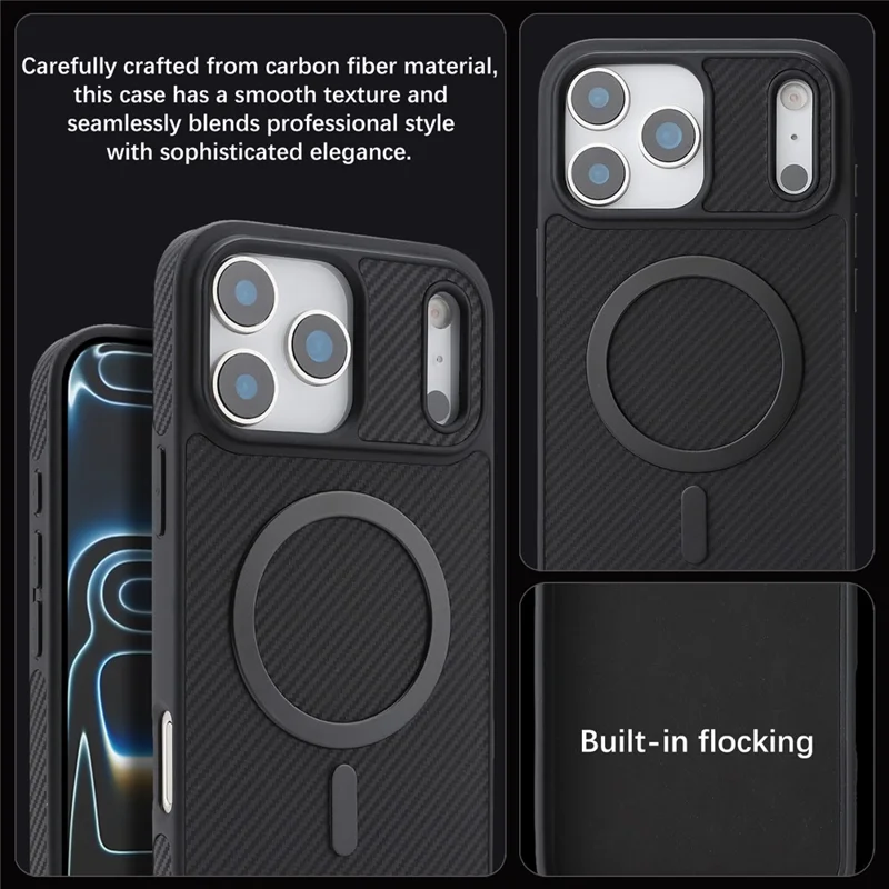 For iPhone 17 Pro Case Carbon Fiber Texture PU TPU Drop-proof Phone Back Cover with Non-Magnetic Metal Ring - Black
