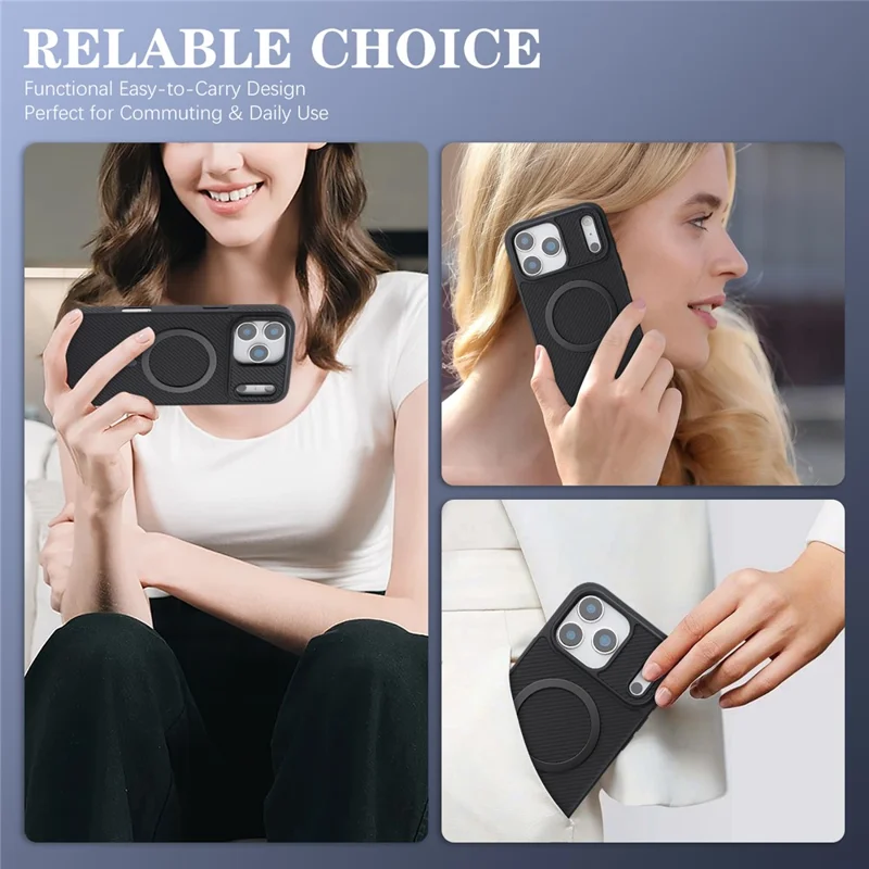 Für iPhone 17 Pro Max Hülle mit seitlich angebrachter Kohlefaser-Optik, PU-TPU-Handyhülle mit metallischem Magnetring – Schwarz