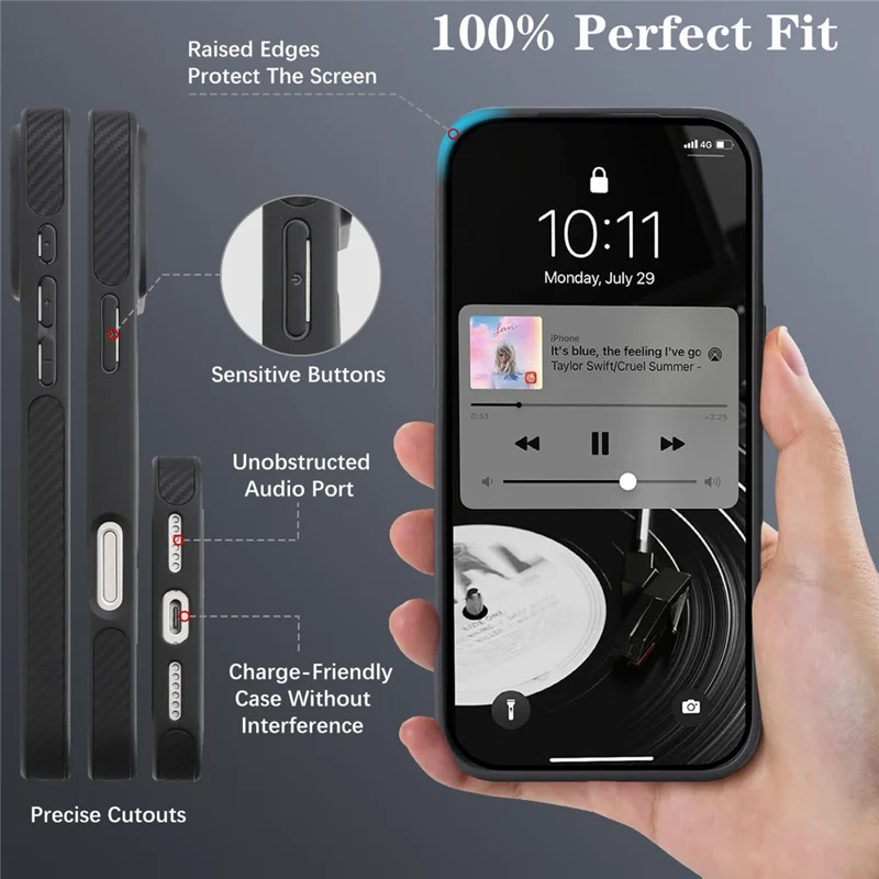 Für iPhone 17 Pro Max Hülle mit seitlich angebrachter Kohlefaser-Optik, PU-TPU-Handyhülle mit metallischem Magnetring – Schwarz