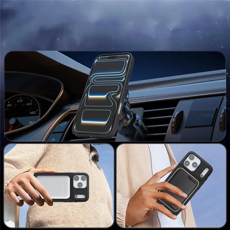 Für iPhone 17 Pro Max Hülle mit seitlich angebrachter Kohlefaser-Optik, PU-TPU-Handyhülle mit metallischem Magnetring – Schwarz