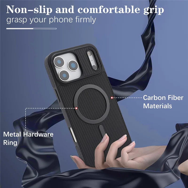 Für iPhone 17 Pro Max Hülle mit seitlich angebrachter Kohlefaser-Optik, PU-TPU-Handyhülle mit metallischem Magnetring – Schwarz