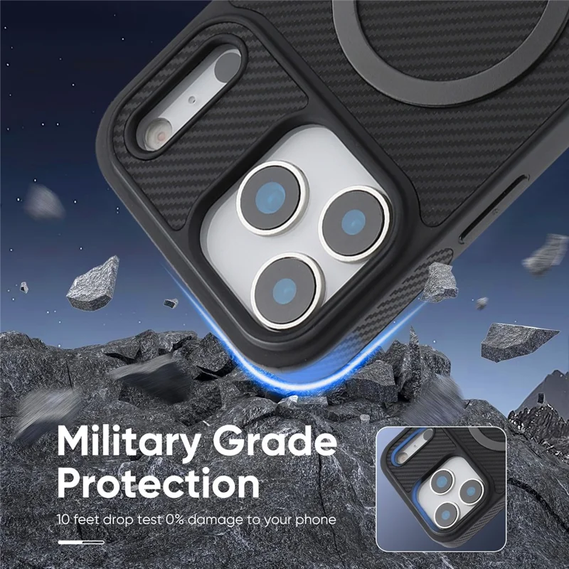 Für iPhone 17 Pro Max Hülle mit seitlich angebrachter Kohlefaser-Optik, PU-TPU-Handyhülle mit metallischem Magnetring – Schwarz