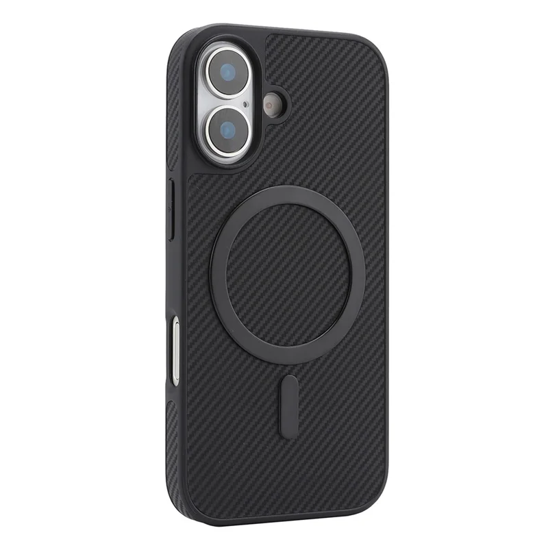 For iPhone 17 Case Carbon Fiber Texture PU TPU Drop-proof Phone Back Cover with Non-Magnetic Metal Ring - Black
