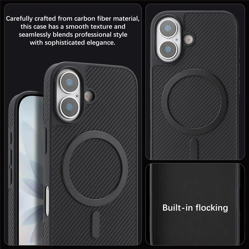 For iPhone 17 Case Carbon Fiber Texture PU TPU Drop-proof Phone Back Cover with Non-Magnetic Metal Ring - Black
