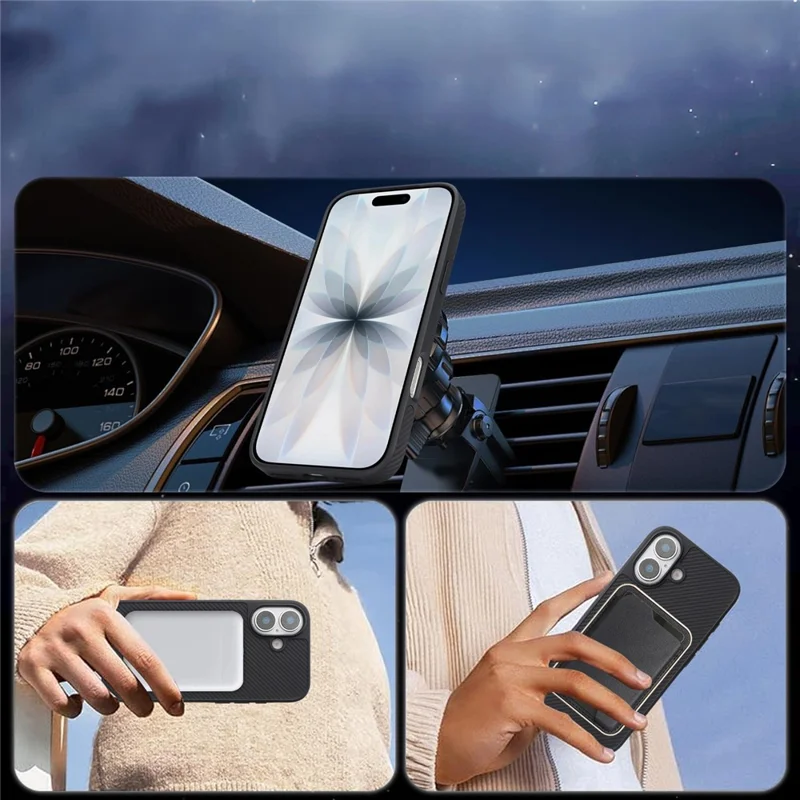 For iPhone 17 Case Carbon Fiber Texture PU TPU Drop-proof Phone Back Cover with Non-Magnetic Metal Ring - Black