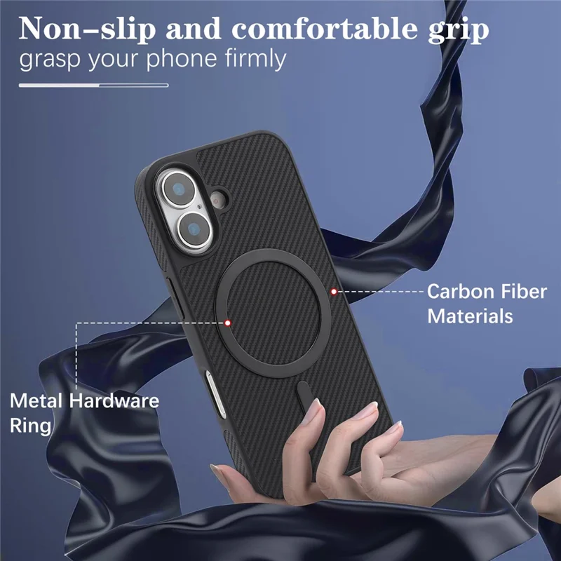 For iPhone 17 Case Carbon Fiber Texture PU TPU Drop-proof Phone Back Cover with Non-Magnetic Metal Ring - Black
