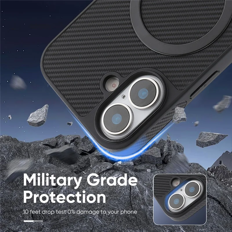 For iPhone 17 Case Carbon Fiber Texture PU TPU Drop-proof Phone Back Cover with Non-Magnetic Metal Ring - Black
