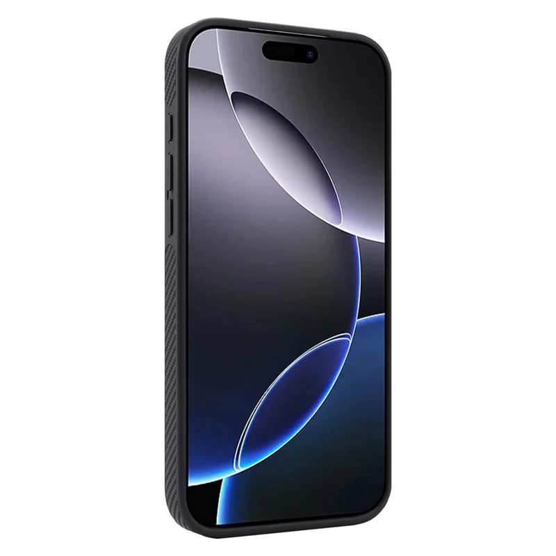 For iPhone 16 Pro Max Case Carbon Fiber Texture PU TPU Drop-proof Phone Back Cover with Non-Magnetic Metal Ring - Black