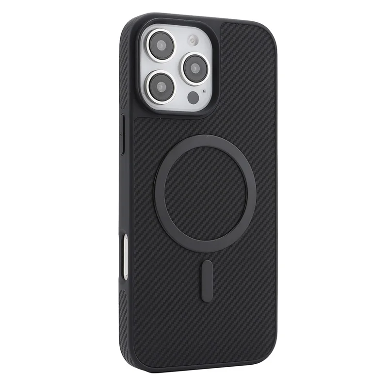 For iPhone 16 Pro Max Case Carbon Fiber Texture PU TPU Drop-proof Phone Back Cover with Non-Magnetic Metal Ring - Black