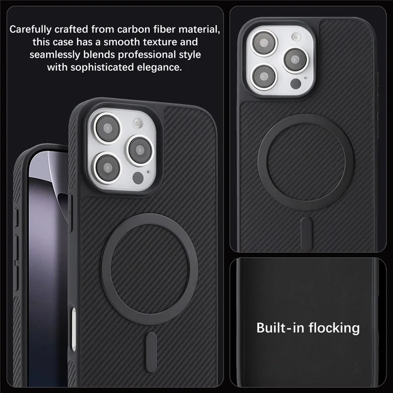 For iPhone 16 Pro Max Case Carbon Fiber Texture PU TPU Drop-proof Phone Back Cover with Non-Magnetic Metal Ring - Black