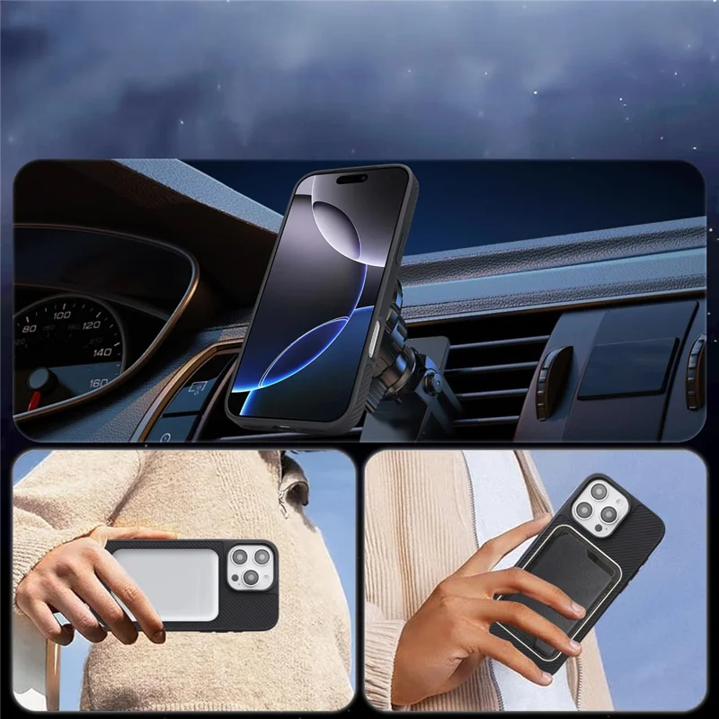 For iPhone 16 Pro Max Case Carbon Fiber Texture PU TPU Drop-proof Phone Back Cover with Non-Magnetic Metal Ring - Black
