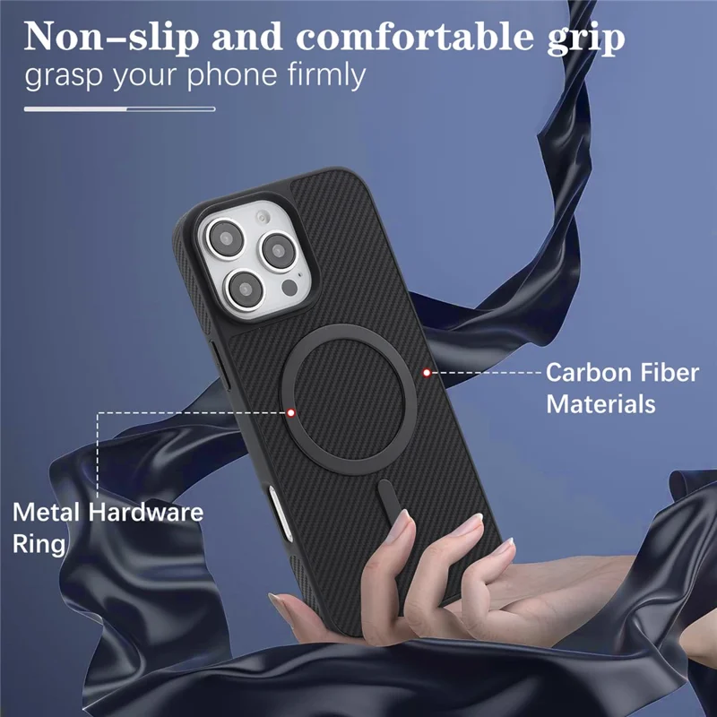For iPhone 16 Pro Max Case Carbon Fiber Texture PU TPU Drop-proof Phone Back Cover with Non-Magnetic Metal Ring - Black