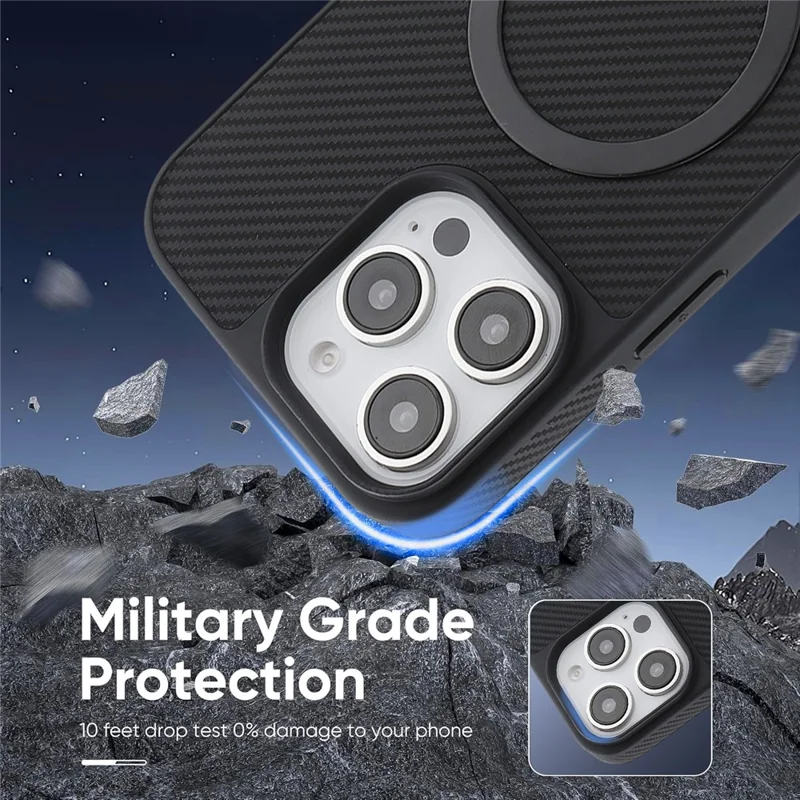 For iPhone 16 Pro Max Case Carbon Fiber Texture PU TPU Drop-proof Phone Back Cover with Non-Magnetic Metal Ring - Black