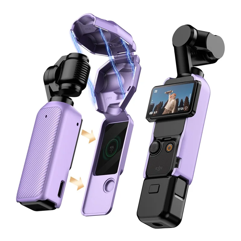 GKK For DJI Osmo Pocket 3 Camera Case Full Coverage Protective Cover with Handle Guard + Gimbal Protector + Lanyard - Purple