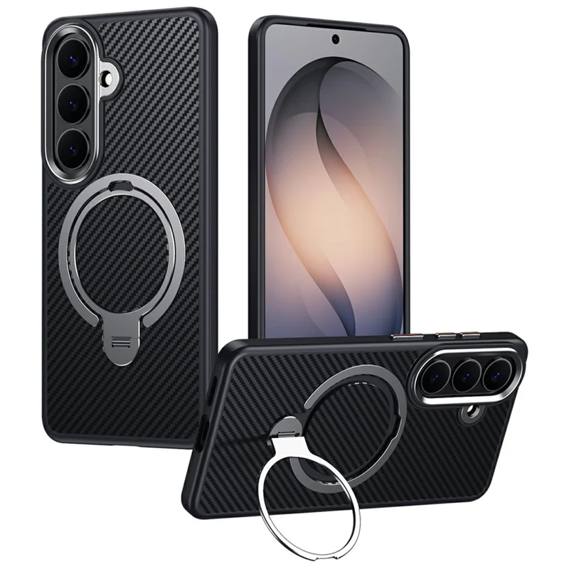 For Samsung Galaxy S26 Magnetic Case PC + TPU Phone Cover Ring Holder Carbon Fiber Texture - Silver