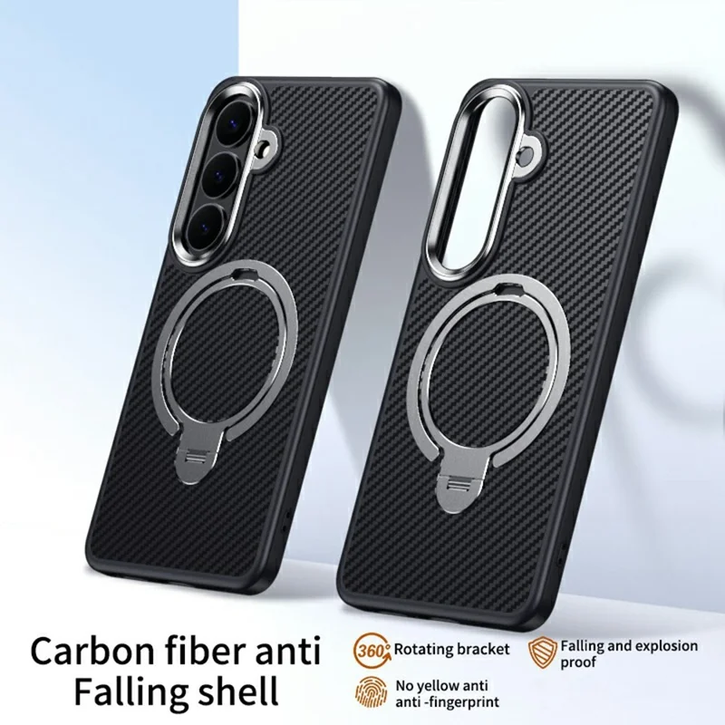 For Samsung Galaxy S26 Magnetic Case PC + TPU Phone Cover Ring Holder Carbon Fiber Texture - Silver