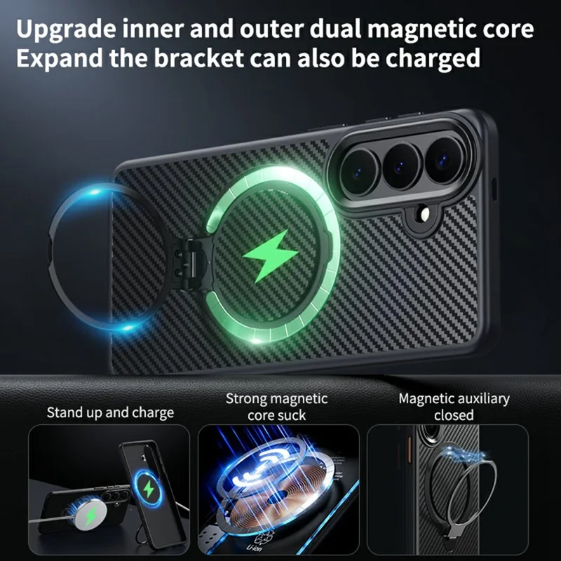Cover Magnetica per Samsung Galaxy S26+ con Supporto ad Anello in PC + TPU, Texture Fibra di Carbonio - Argento