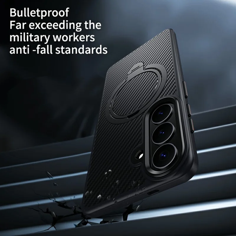 Cover Magnetica per Samsung Galaxy S26+ con Supporto ad Anello in PC + TPU, Texture Fibra di Carbonio - Argento