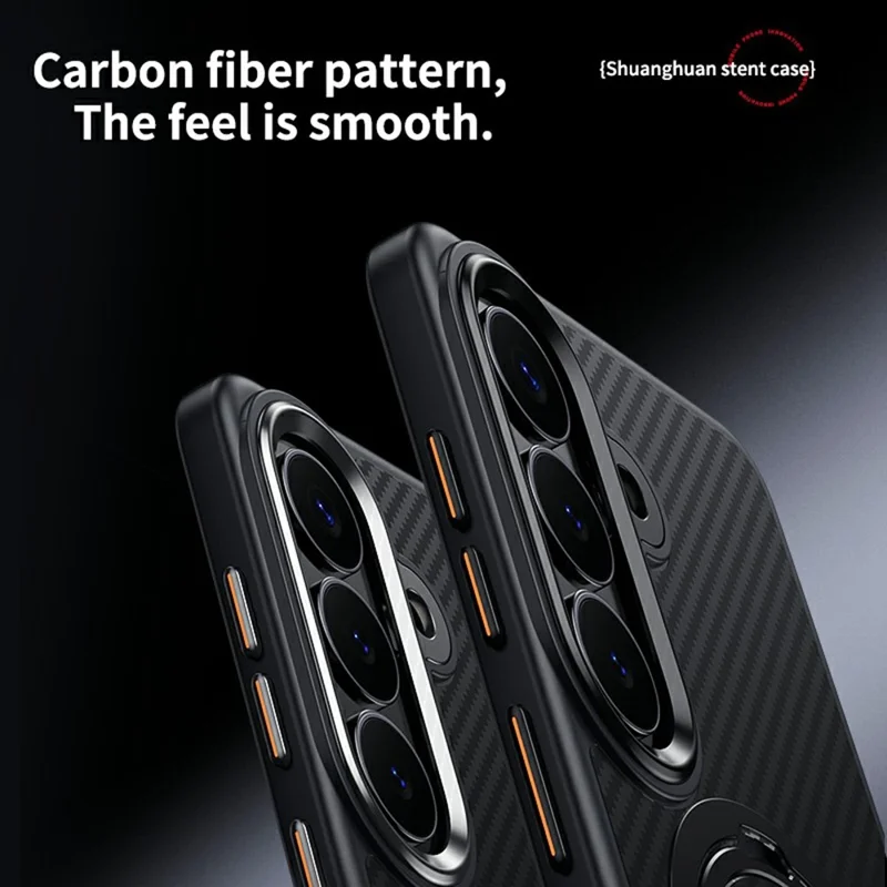 Cover Magnetica per Samsung Galaxy S26+ con Supporto ad Anello in PC + TPU, Texture Fibra di Carbonio - Argento