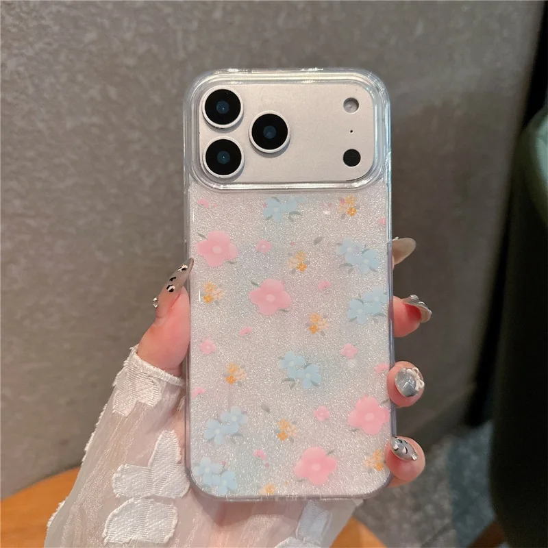 For iPhone 17 Pro Max TPU Case 2.5mm Glitter Epoxy Flower Pattern  Phone Back Cover - Pink Blue Flower
