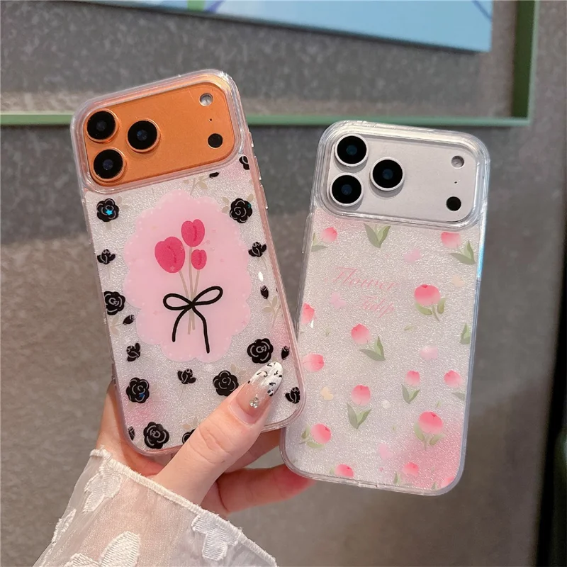 For iPhone 17 Pro Max TPU Case 2.5mm Glitter Epoxy Flower Pattern  Phone Back Cover - Pink Blue Flower