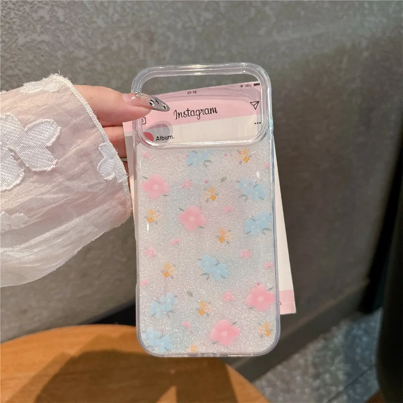For iPhone 17 Pro Max TPU Case 2.5mm Glitter Epoxy Flower Pattern  Phone Back Cover - Pink Blue Flower