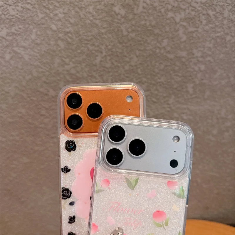 For iPhone 17 Pro Max TPU Case 2.5mm Glitter Epoxy Flower Pattern  Phone Back Cover - Pink Blue Flower