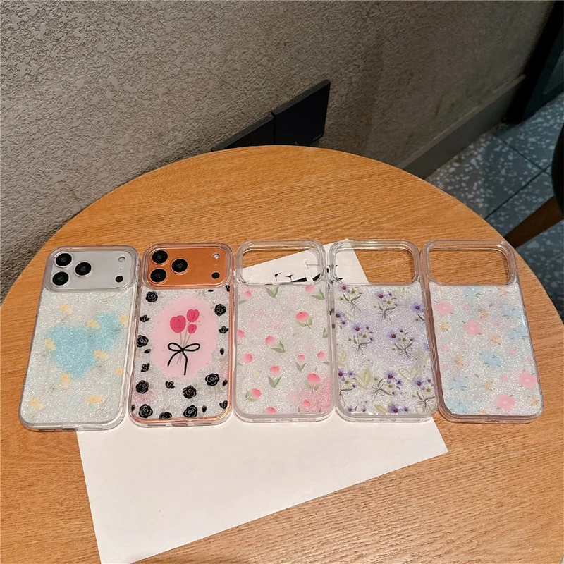 For iPhone 17 Pro Max TPU Case 2.5mm Glitter Epoxy Flower Pattern  Phone Back Cover - Pink Blue Flower