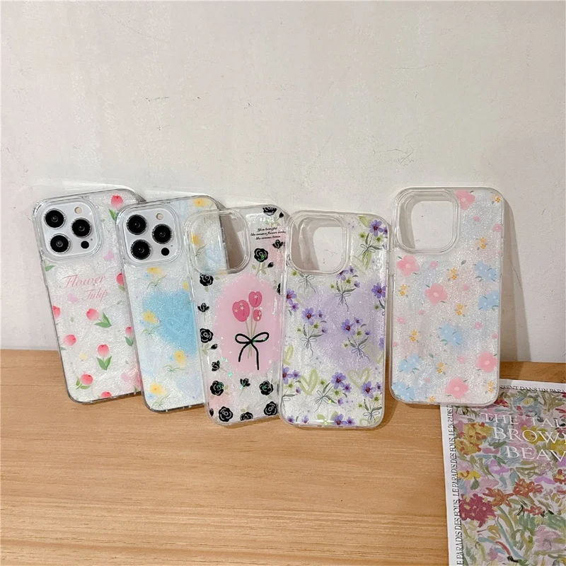 For iPhone 16 Pro Max TPU Case 2.5mm Glitter Epoxy Flower Pattern  Phone Back Cover - Tulip