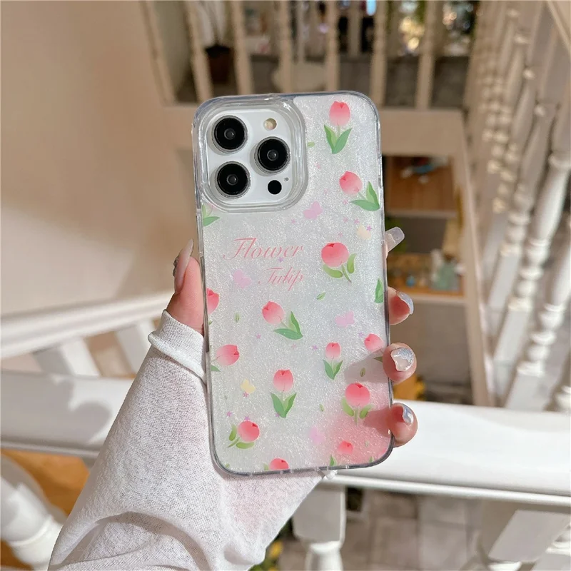 For iPhone 16 Pro TPU Case 2.5mm Glitter Epoxy Flower Pattern  Phone Back Cover - Tulip