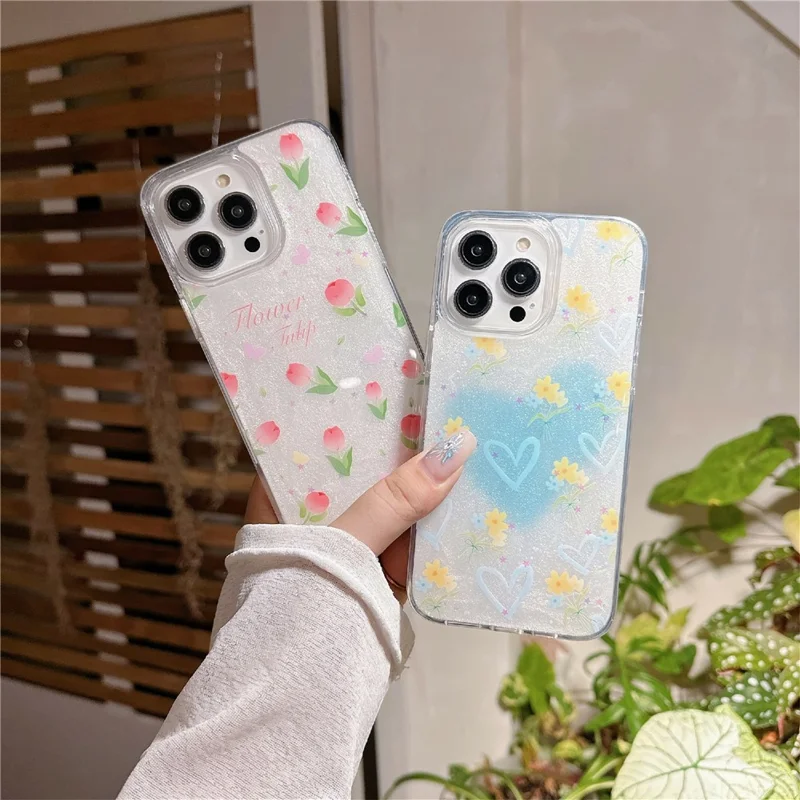 For iPhone 16 Pro TPU Case 2.5mm Glitter Epoxy Flower Pattern  Phone Back Cover - Tulip