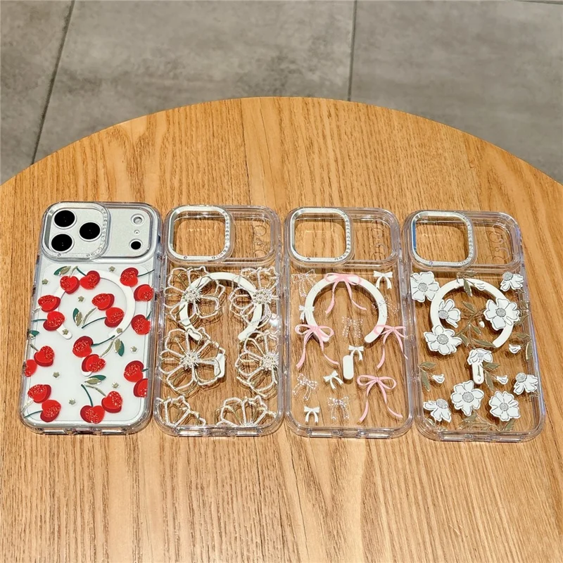 For iPhone 17 Pro Magnetic Case Compatible with MagSafe TPU + PC Bow Flower Phone Cover - Red Cherry