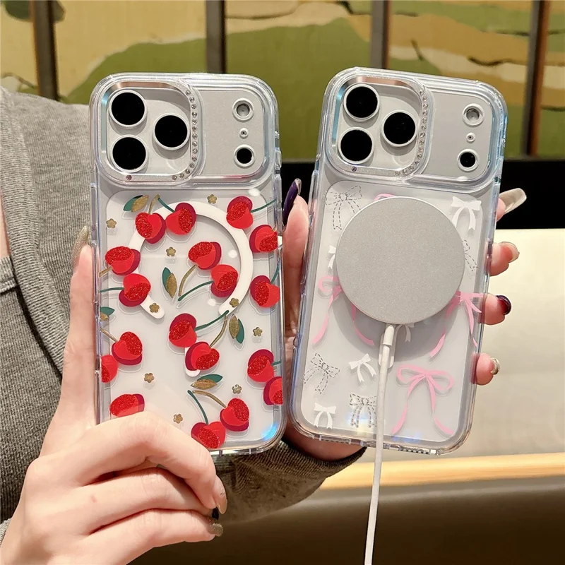 For iPhone 17 Pro Max Magnetic Case Compatible with MagSafe TPU + PC Bow Flower Phone Cover - Red Cherry